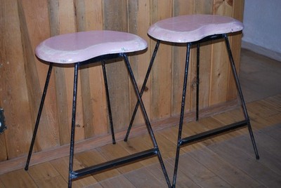 Pair Vintage MCM Pink Kidney Shaped Wood/Metal Casual Bar Stools Great Patina!