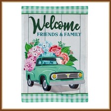 EVERGREEN GARDEN FLAG * SPRING FLOWER DELIVERY * EMBELLISHED BURLAP APPLIQUE'