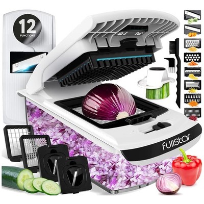 Professional Mandoline Slicer with 12 Blades & Safety Features - White/Black