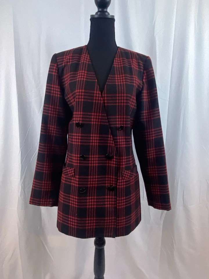 Chaqueta Blazer Larga a Cuadros Roja Tartán Negra De Colección Hecha en EE. UU. Para Mujer Talla 8T Foto 2 de 4