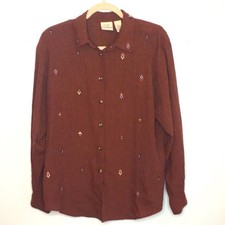 Vintage plaid long sleeve floral embroidered shoulder pad button down shirt sz M