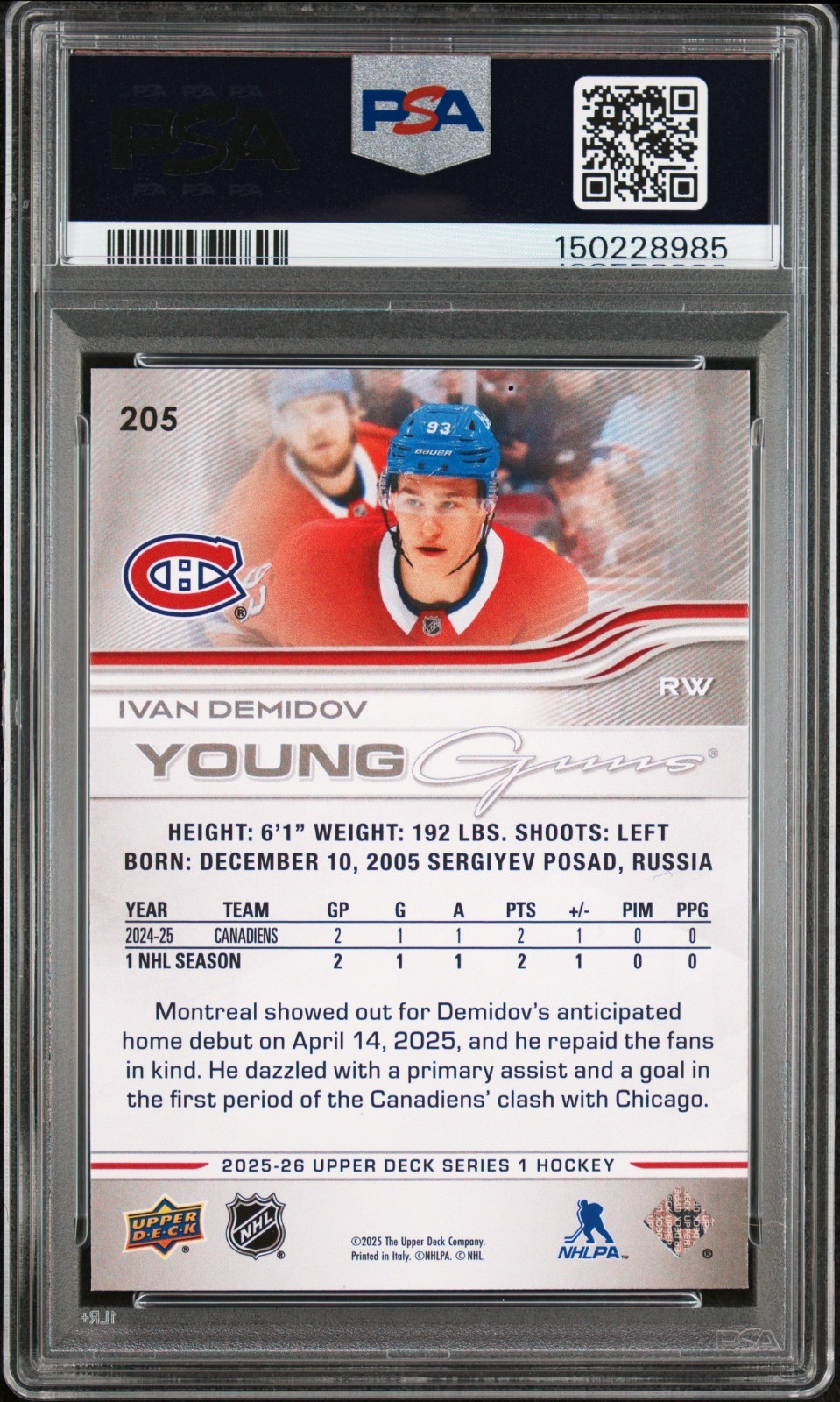IVAN DEMIDOV Young Guns PSA 8 #205 2025-26 Upper Deck YG Rookie - NM/Mint view 2