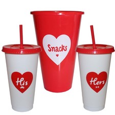 Date Night Set Popcorn Holder, and 2 Cups with Straws Valentines Movie night