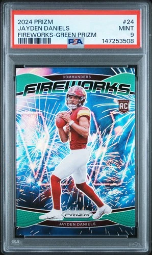 147253508 Jayden Daniels 2024 Panini Prizm #24 Green Fireworks Rookie RC PSA 9
