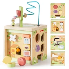 Robud Wooden Activity Cube Toy, 9-in-1 Montessori Baby Cube, Educational Feature