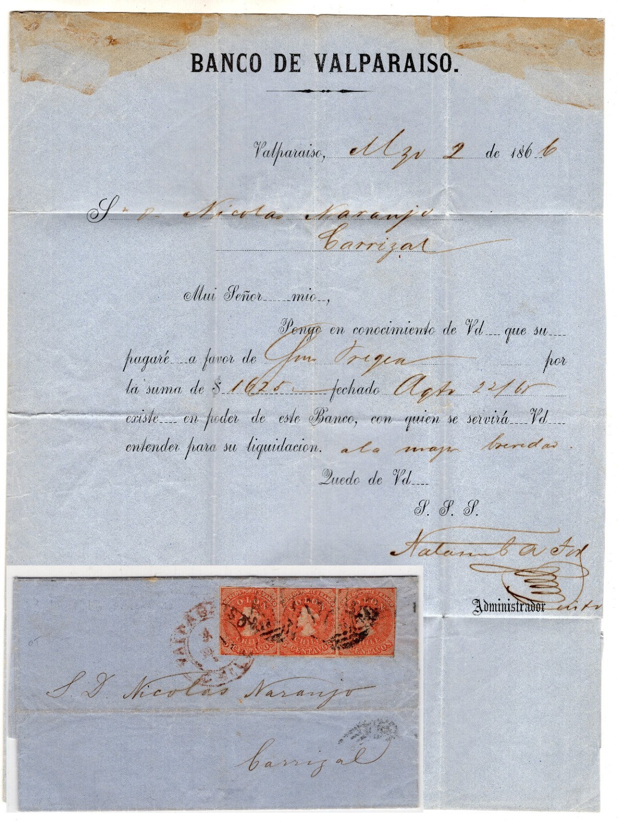 CHILE 1866 BANCO DE VALPARAISO printed matter strip of 3 Last Santiago printing
