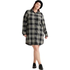 Quince Stretch Sweater Fleece Shirt Dress Women's L Black Check Cabincore Casual