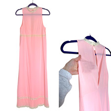 VTG Peach Pink Sheer Nylon Van Raalte Maxi Nightgown Sz 36 Lace Babydoll Dress