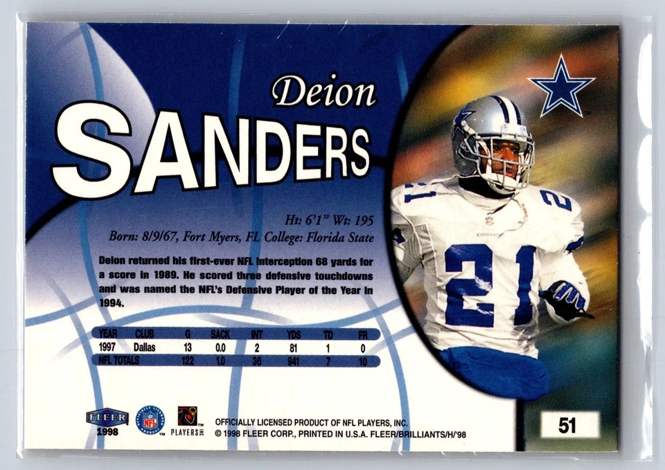 DEION SANDERS Dallas Cowboys 1998 Fleer Brilliants CARD# 51 - Image 2 of 2