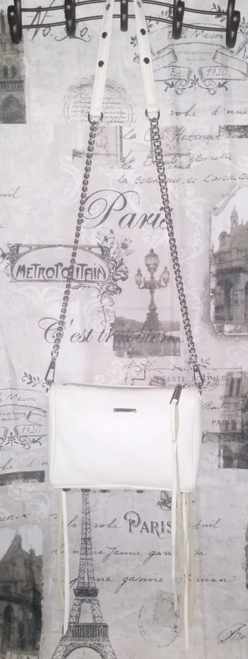 REBECCA MINKOFF Moto 3 Zip Wht Pebble Leather Chain Fringe Stud XBody Bag GRT❤️  - Image 4 of 4