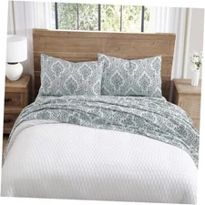  - Sheet Set, 4-Piece Cotton Flannel Bedding with Matching Full Damask Green