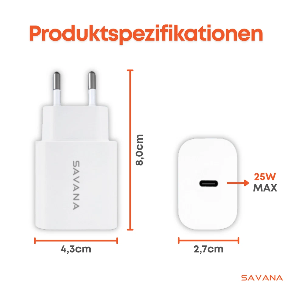 SAVANA 25W USB-C Schnellladegerät Netzteil Charger Adapter ink. 1.2m Kabel Set - Bild 4 von 4