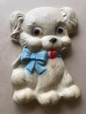 Vintage Handmade Plaster of Paris Cast White Dog 5 3/8'' x 7 1/2'' Blue Bow