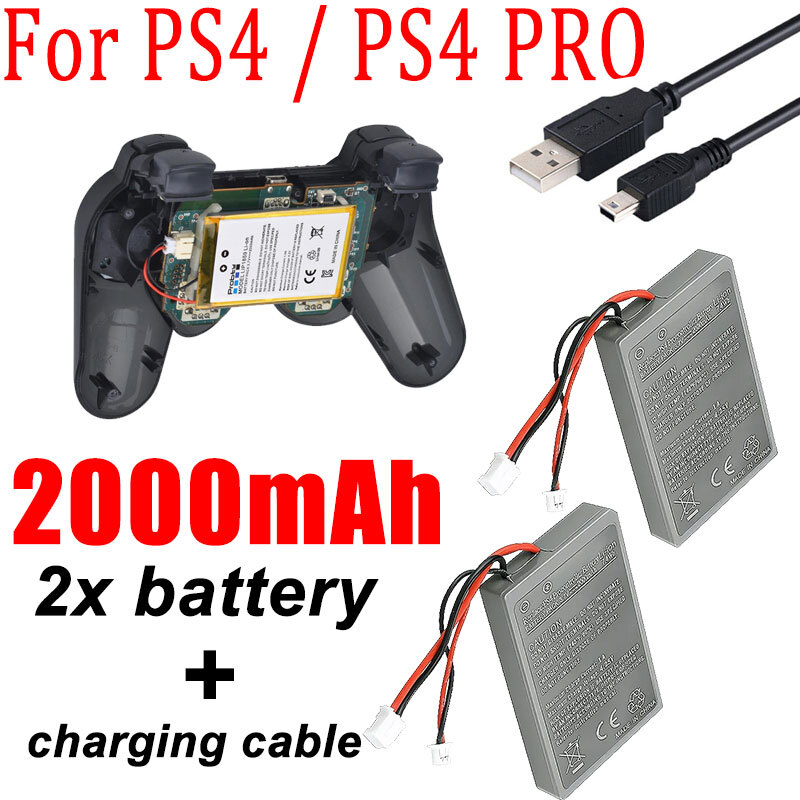2-PACK 2.0Ah Rechargeable Battery for Sony PS4 Playstation 4 Controller + Cable