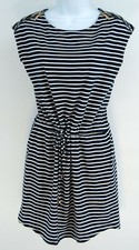 Michael Kors Stripe Zip Sleeve Drawstring Waist Dress Size S Small Navy White