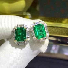 2.5Ct Emerald Lab Created Green Emerald Halo Stud Earrings 14K Wh Gold Plated!