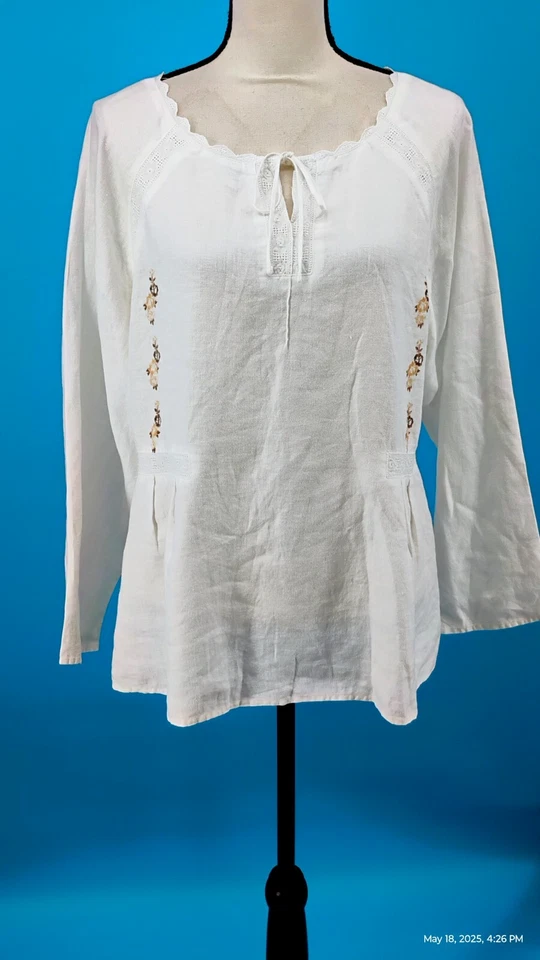 J Jill 100% Lino Blanco Ojales Encaje Boho Campesino Camisa Blusa Corbata Escote Mp