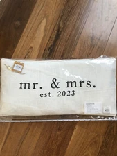 Mud Pie "Mr. & Mrs." Gift Pillow 2023 Rustic Farmhouse Style White Black NWT