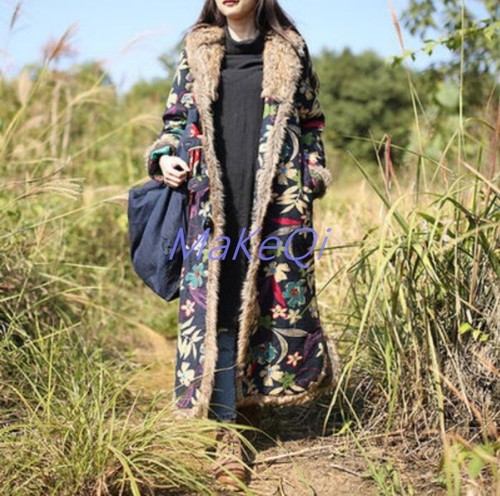 Womens Faux Fur Floral Hooded Boho Long 