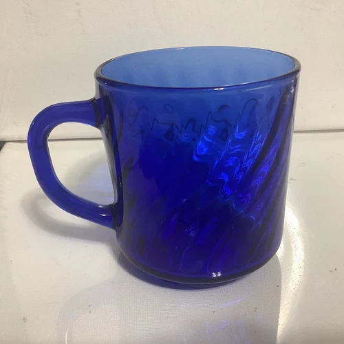 Vintage Arcoroc France Swirl Cobalt Blue Glass Coffee Mug Cup 3.5" x 3"