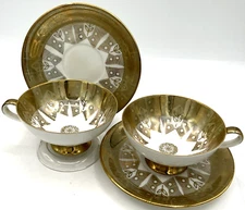Lot of Two RW Bavaria Germany Gilded Teacup & Saucer Tea Leaves Dots Geometric