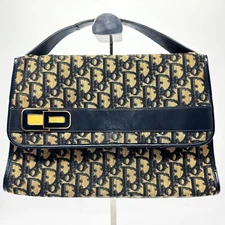 Christian Dior Trotter Hand bag Purse Canvas Leather Brown Navy Auth