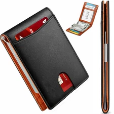 Cartera De Cuero Genuino Billetera Plegable Para Hombre Moda Casual Bloqueo RFID