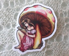 Pink fairy sticker, bookworm fairy girl and mushroom, vinyl sticker
