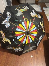 Vintage Hook Handle Carousel Umbrella Black With Multi Colored Horses