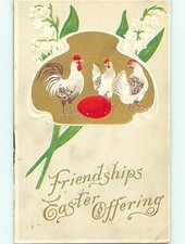 Divided-Back easter ROOSTER & RED EGG & LILY OF THE VALLEY FLOWERS r3054