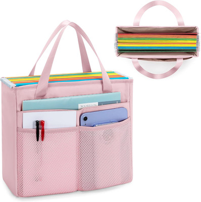 File Folder Tote Bag with Handle, Document Organizer Box, Pink