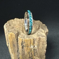 Dark Aquamarine CZ Channel Set Eternity Ring Stainless Steel 3mm High Polished
