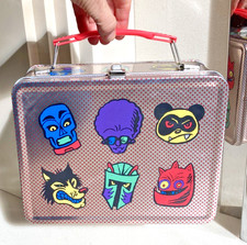 Paperchase Metal Lunchbox  Silver, Red Spots & Skateboard Style Cartoon Artwork