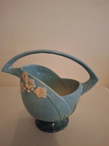 Vtg Roseville Pottery Wincraft Basket 1940's 208-8 Art Nouveau Turquoise