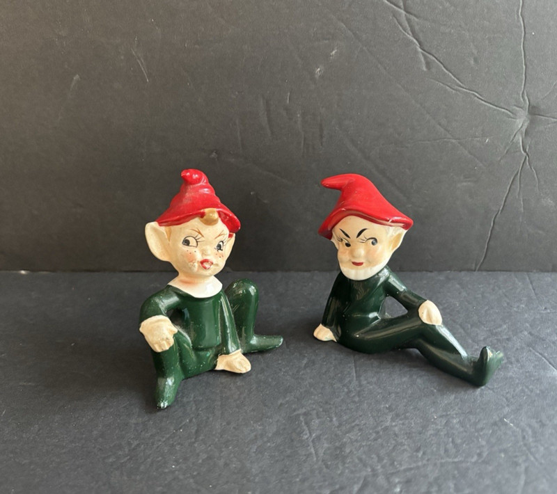 Vintage Ceramic Pixie Elf Christmas Ornaments 2 - Japan 1 Clip On