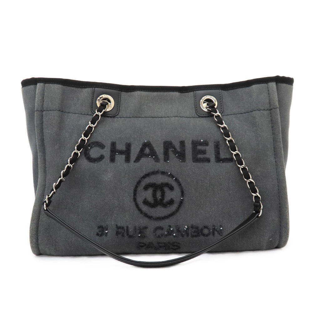 CHANEL Deauville MM A67001 Gray Black Canvas Sequin Tote Bag Shoulder No 23