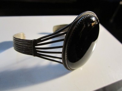 VINTAGE STERLINGSILBER MANSCHETTE ARMBAND & GROSSER ONYX EDELSTEIN PASST 7'' HANDGELENK -OFC-S