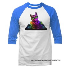Image of Technicolor DJ Cat Music Animal Pet Funny Joke Humor Humorous 3/4 Sleeve Raglan