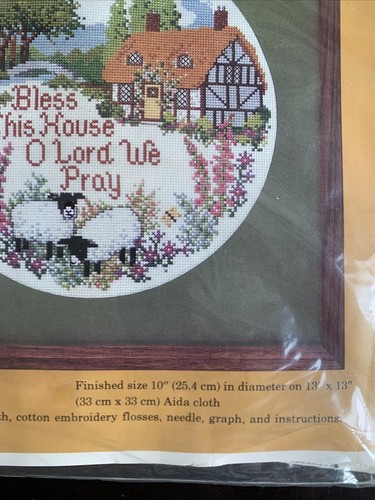 Bless This House Vintage Cross Stitch Kit NIP 10x13 Sheep Flowers Cottage - Picture 6 of 9