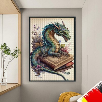 Full Embroidery Cotton Thread 11CT Print Dragon Read Book Cross Stitch40x60cm