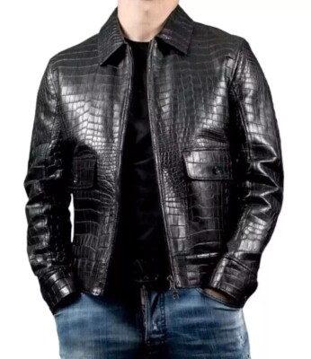 Men's Black Real Leather Crocodile Embossed Jacket Biker Alligator Print JKT-202