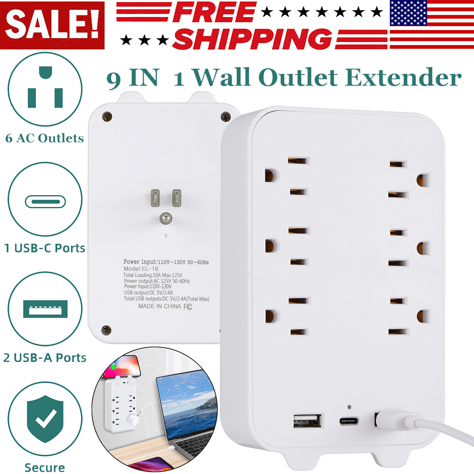 Surge Protector Outlet Extender Multi 6 AC Plug + 3 USB Charger Wall Adapter NEW-image