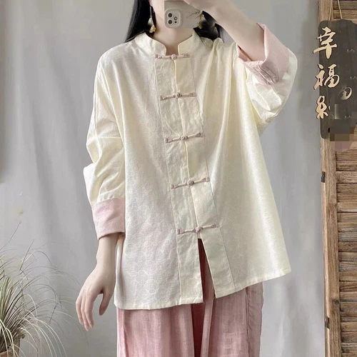 Chinese Style Cotton Linen Loose Shirt Tops Button Womens Casual Loose Blouses - Bild 8 von 11