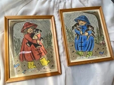 Whimsical Art Illustrator signed Artist  D. Carothers 1967 children Rain 