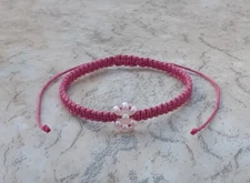 Wax Cord & Czech Seed Bead Macrame Bracelet Flower Design Dark Pink Yellow.
