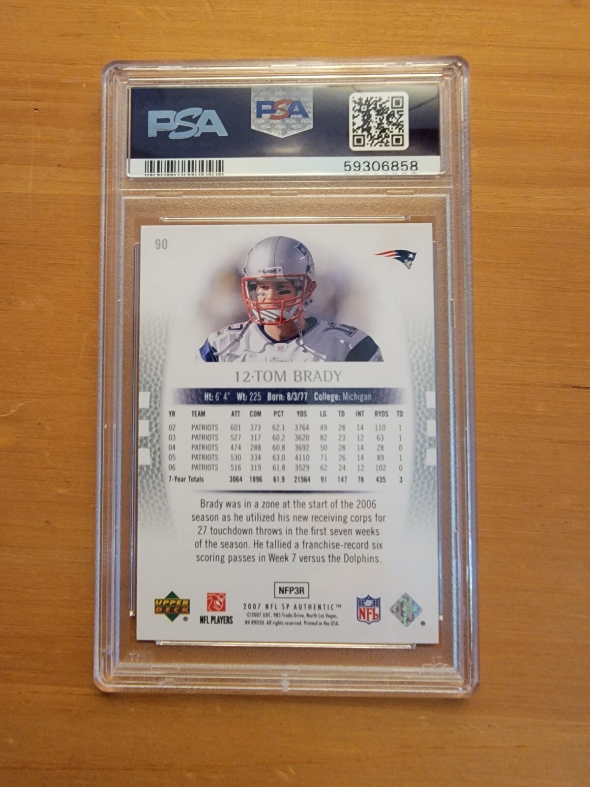 2007 SP Authentic #90 Tom Brady PSA 9 Gem Mint '07 New England Patriots view 2