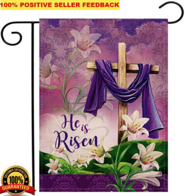 Easter Cross Garden Flag_Religious ''He is Risen'' Robe Lilies_2 sided BURLAP Look