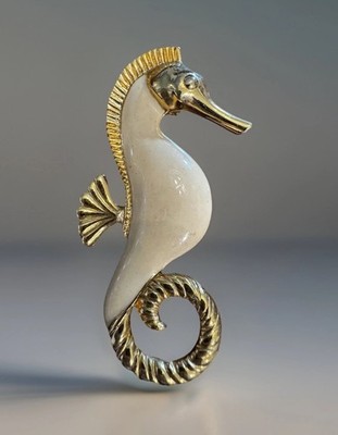 TRIFARI Gold Tone Sea Horse Brooch With Cream Enamel Belly, Circa 1997