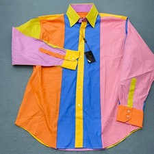 NEW Bugatchi UOMO Men's MEDIUM Cotton Color block Long Sleeve Button Down Shirt
