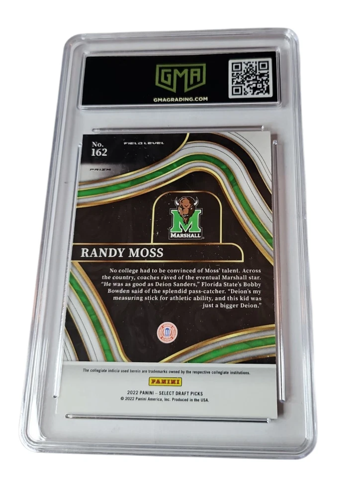 2022 Panini Select Draft Pick Randy Moss Field Level Gold Laser Prizm #162 GMA 8 - Image 2 of 2